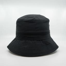 A black microfibre bucket hat with a wide brim and a textured finish, featuring a logo.