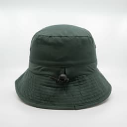A green microfibre bucket hat with a textured finish and adjustable drawstring. It features a logo on the side.