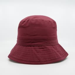 A maroon microfibre bucket hat with a wide brim, featuring a stitched design and a logo.