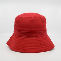 A red microfibre bucket hat with a wide brim and textured finish, featuring a small logo.