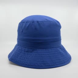 A blue microfibre bucket hat featuring a branded logo, designed for style and comfort.