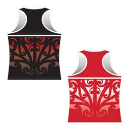 A reversible racerback singlet featuring a black and red design with decorative patterns. It has a logo on the fabric.