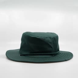 A green wide brim hat with a flat crown and a braided rope band, featuring a logo.