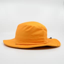An orange wide-brim hat with a rope detailing and a branding logo.