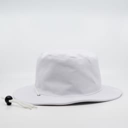 A white wide brim hat with a toggle adjustment. It features a simple design suitable for outdoor wear.