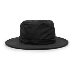 A black wide-brim safari hat made from microfibre, featuring a simple design and a branding logo.