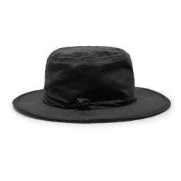 A wide-brimmed black microfibre safari hat with an adjustable strap and a logo.