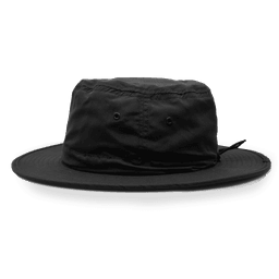 A black microfibre safari wide brim hat with ventilation holes and a flexible brim. It has a logo on the side.