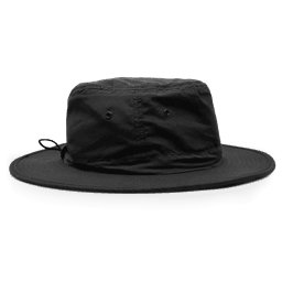 A black microfibre safari wide brim hat with ventilation holes and a drawstring. It has a branded logo.