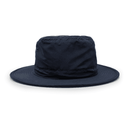 A wide-brimmed safari hat in dark navy with a soft texture and a logo. Ideal for outdoor wear.
