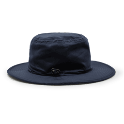 A wide-brimmed, navy blue microfibre hat with an adjustable toggle and a plain design.