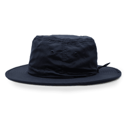 A wide-brimmed black microfibre safari hat featuring ventilation holes and a tag.