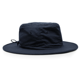 A black microfibre safari wide brim hat with a white trim, featuring ventilation holes and a drawstring.