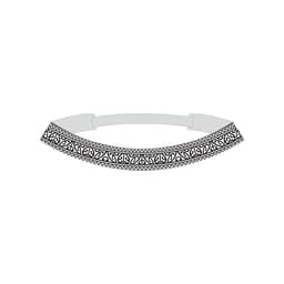A decorative headband featuring intricate black and white patterns. It has a simple, flexible design.