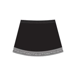 A black skirt featuring a decorative patterned hem. It has an elastic waistband and is minimalist in design.