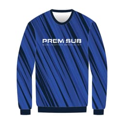A blue sweatshirt with a diagonal striped pattern and a logo on the front.