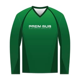 A long sleeve green T-shirt with a V-neck design, featuring a logo on the front.