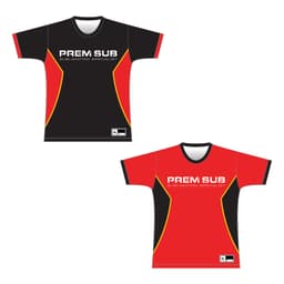 A reversible t-shirt set featuring black and red designs with yellow accents and a logo.