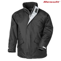 A black winter parka featuring a zip front, high collar, and two side pockets, with a logo in the corner.