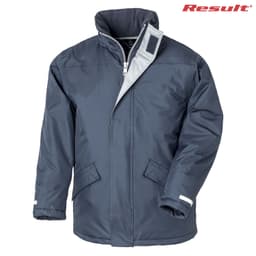 A dark navy winter parka with a high collar, zip closure, and two side pockets, featuring a logo.