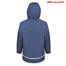 A navy blue winter parka featuring a hood and reflective detailing, with a logo on the upper corner.