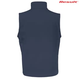 A navy adult softshell vest with a high collar and a branded logo at the top.