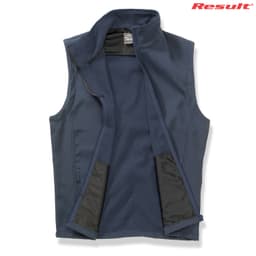 A navy blue softshell vest with a zip closure and side pockets, featuring a branded logo.