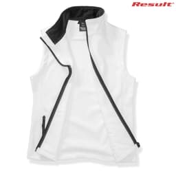 A white softshell vest with a black interior and zippers, featuring a logo.