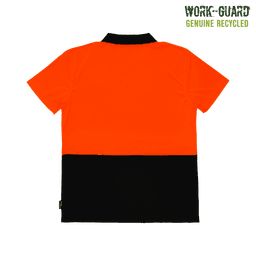 A high visibility polo shirt in fluorescent orange and black, featuring a logo on the garment.