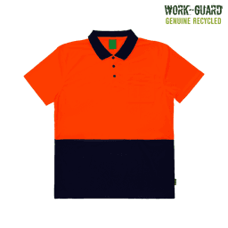 A hi-vis polo shirt in bright orange and navy blue with a chest pocket and a logo.