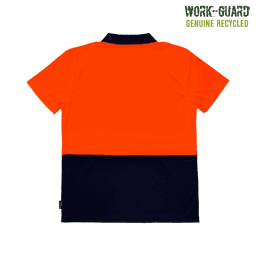 A high visibility polo shirt featuring an orange top half and a navy bottom half, with a logo on the side.