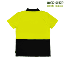 A hi-vis polo shirt in bright yellow and black with a logo on the back.