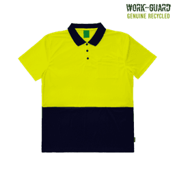 A yellow and navy blue polo shirt featuring a logo and a chest pocket, made from recycled materials.