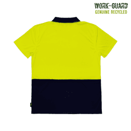 A bright yellow and navy blue reusable polo shirt featuring a logo. Ideal for visibility in work environments.