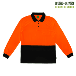 A long-sleeve polo shirt in fluorescent orange with a black bottom section. It features a chest pocket and a logo.