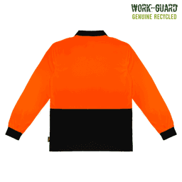 A long-sleeve polo shirt in high-visibility orange with a black bottom section and a logo.