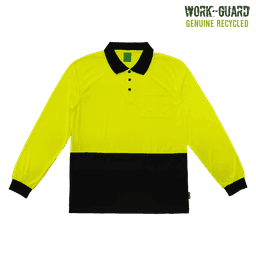 Hi-vis long-sleeve polo shirt in bright yellow with a black lower section, featuring a pocket and branding.