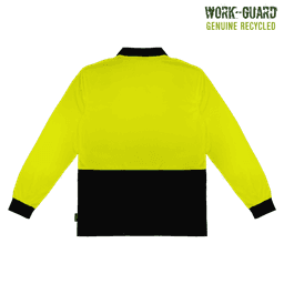 A long-sleeve polo shirt in bright yellow with a black lower section and a logo. Made from recycled materials.