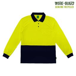 A long-sleeve polo shirt in fluorescent yellow with a navy blue lower section and a pocket, featuring a logo.