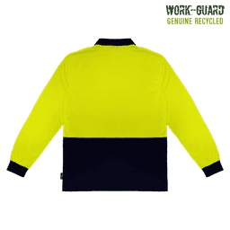 A long-sleeve polo shirt in bright yellow with a navy blue lower section and a logo. Ideal for workwear.