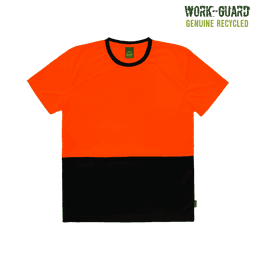 A hi-vis T-shirt featuring a bright orange upper section and a black lower section, with a logo.