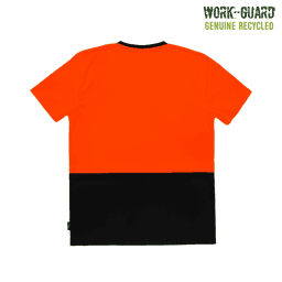 Recycled hi-vis T-shirt in vibrant orange and black, featuring a logo on the upper left.