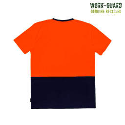 A hi-vis T-shirt featuring a bright orange top and navy bottom, with a branding logo. Ideal for workwear use.