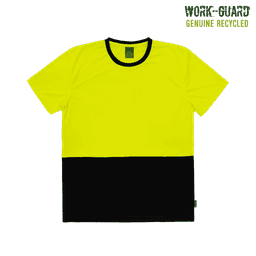 A hi-vis yellow and black recycled work t-shirt with a logo on the upper left corner.