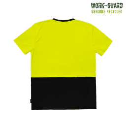 A brightly coloured hi-vis yellow and black T-shirt with short sleeves and a logo.