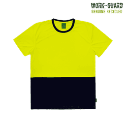 A hi-vis yellow and navy blue t-shirt featuring a logo, made from recycled materials for workwear purposes.
