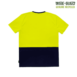 A hi-vis t-shirt in fluorescent yellow and navy, featuring a logo and designed for workwear use.