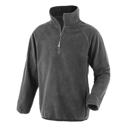 A grey quarter-zip fleece jumper made from recycled PET, featuring a high collar and a logo.