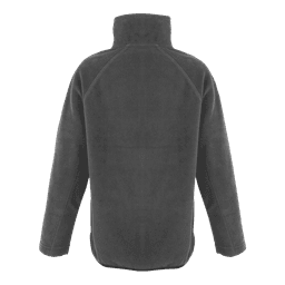 A dark grey polar fleece jumper featuring a quarter-zip design and a high neck. It has a logo on the front.