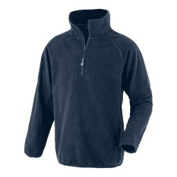 A navy blue quarter-zip fleece top featuring long sleeves and a collar, with a logo on the front.